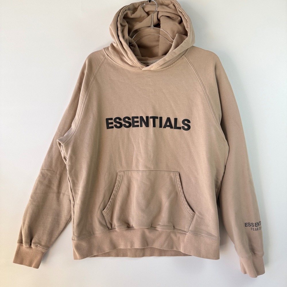 Fear‎ of God Essentials Hoodie Men M Tan Beige Excellent 3D Logo Pullover